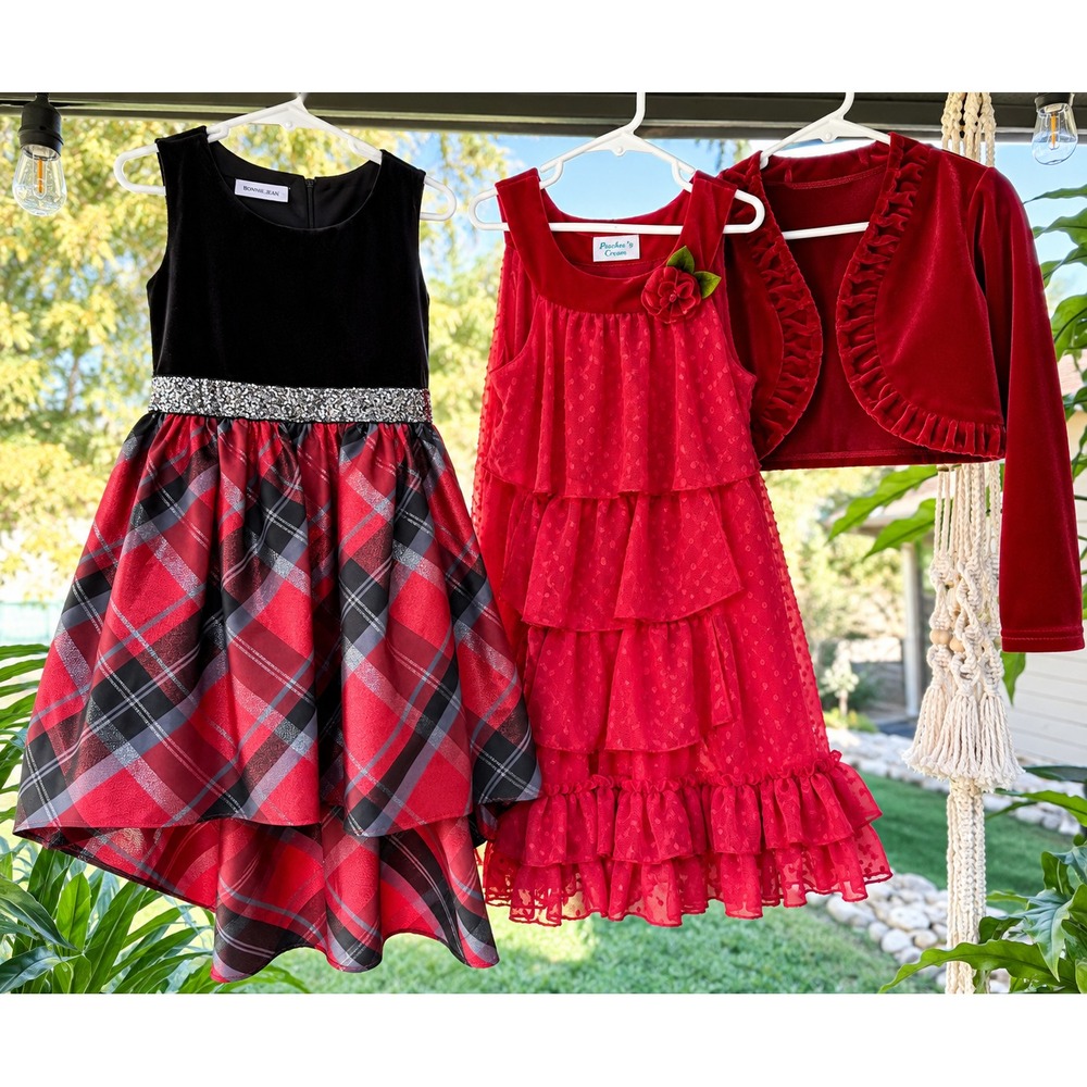 Girls Size 12 Holiday Dress Lot Bonnie Jean Plaid and Peaches n Cream Christmas